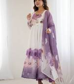 Onion color flower printed & handwork orgenza silk anarkali set