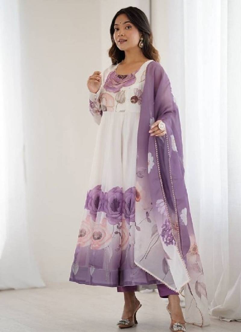 Onion color flower printed & handwork orgenza silk anarkali set