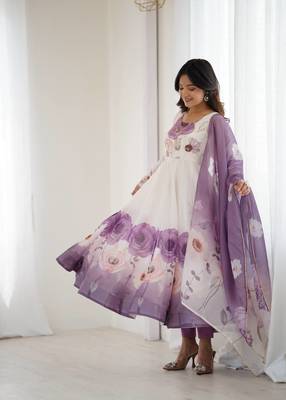 Onion color flower printed & handwork orgenza silk blend anarkali set 3