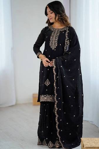 Black color zari sequince work soft crunchy silk anarkali set