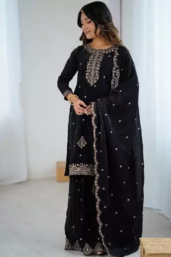 Black color zari sequince work soft crunchy silk anarkali set