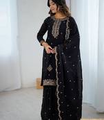 Black color zari sequince work soft crunchy silk anarkali set