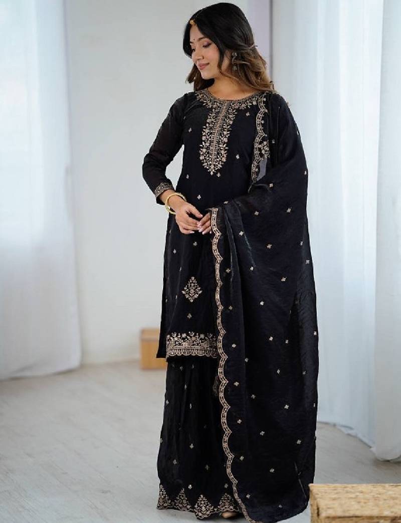 Black color zari sequince work soft crunchy silk anarkali set