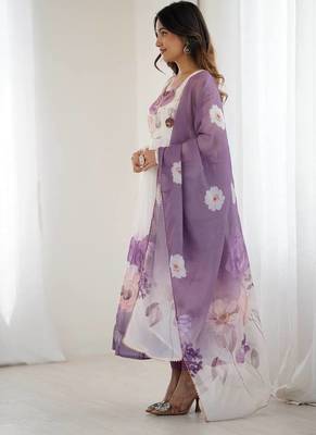 Onion color flower printed & handwork orgenza silk blend anarkali set 4