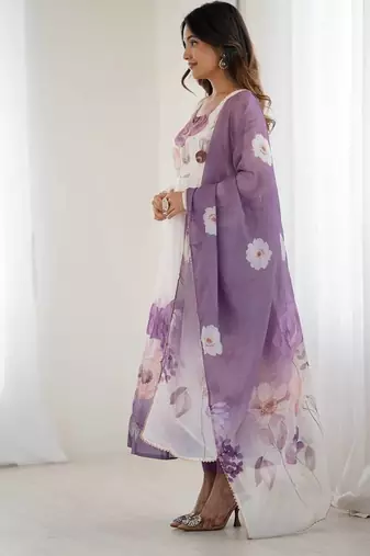 Onion color flower printed & handwork orgenza silk blend anarkali set