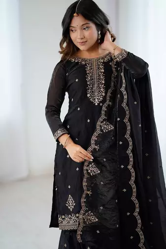 Black color zari sequince work soft crunchy silk blend anarkali set