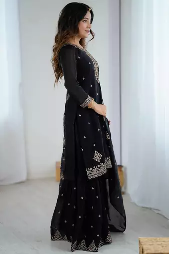 Black color zari sequince work soft crunchy silk blend anarkali set