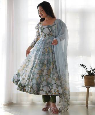 White & green flower printed orgenza silk blend anarkali set 1