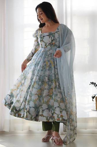 White & green color flower printed orgenza silk anarkali set