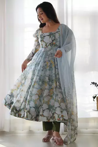 White & green color flower printed orgenza silk anarkali set