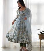 White & green color flower printed orgenza silk anarkali set