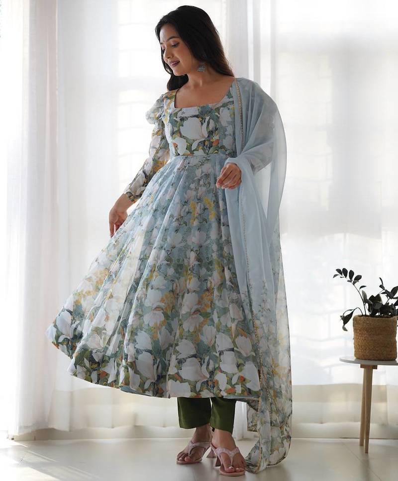 White & green color flower printed orgenza silk anarkali set