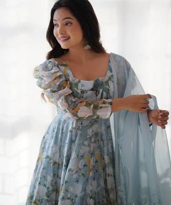 White & green flower printed orgenza silk blend anarkali set 2