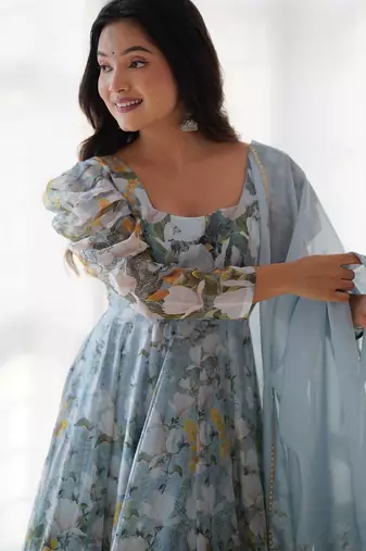 White & green color flower printed orgenza silk blend anarkali set