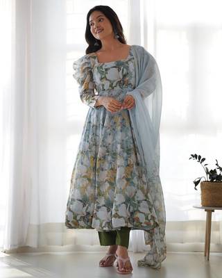 White & green flower printed orgenza silk blend anarkali set 3