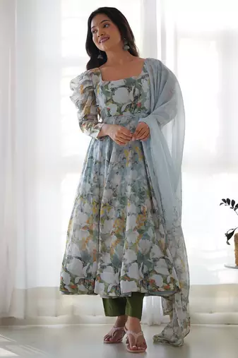 White & green color flower printed orgenza silk blend anarkali set
