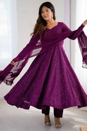 Purple color lucknowi sequince thread work faux georgette anarkali set
