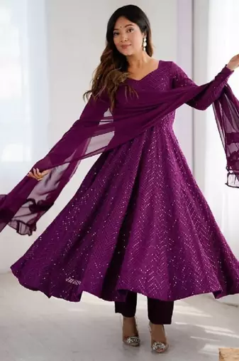Purple color lucknowi sequince thread work faux georgette anarkali set