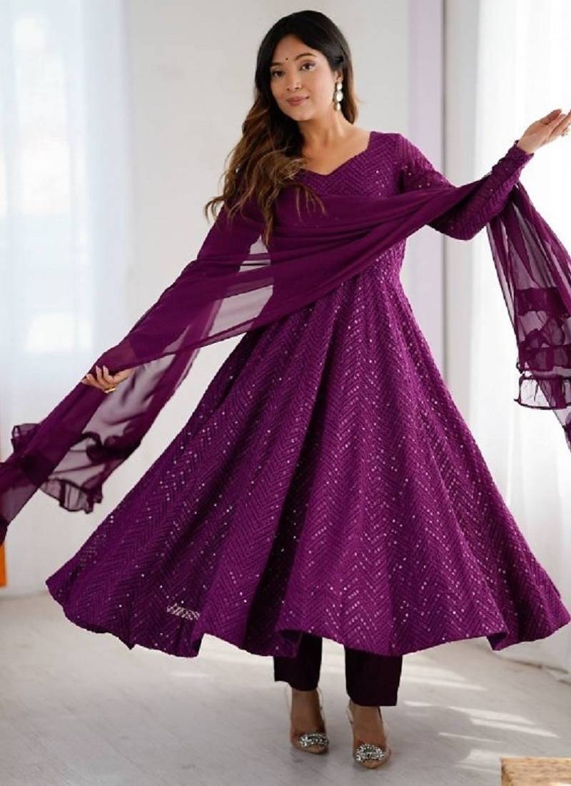 Purple color lucknowi sequince thread work faux georgette anarkali set