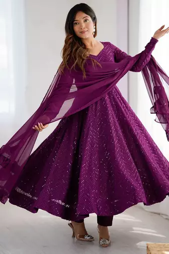 Purple color lucknowi sequince thread work faux georgette anarkali set