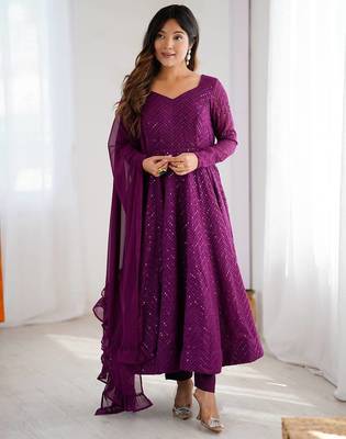 Purple color lucknowi sequince thread work faux georgette anarkali set 3