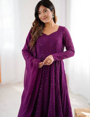 Purple color lucknowi sequince thread work faux georgette anarkali set 4
