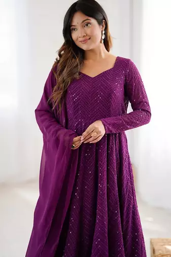 Purple color lucknowi sequince thread work faux georgette anarkali set