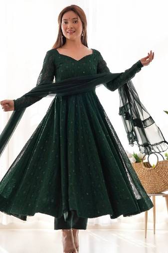Green color lucknowi sequince work faux georgette anarkali set