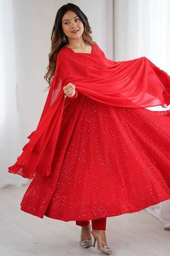 Red color lucknowi sequince thread work faux georgette anarkali set