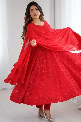 Red color lucknowi sequince thread work faux georgette anarkali set