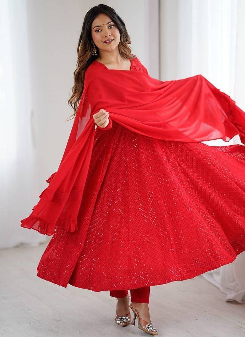 Red color lucknowi sequince thread work faux georgette anarkali set
