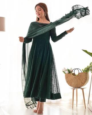 Green lucknowi sequince work faux georgette anarkali set 2