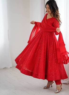 Red lucknowi sequince thread work faux georgette anarkali set 2