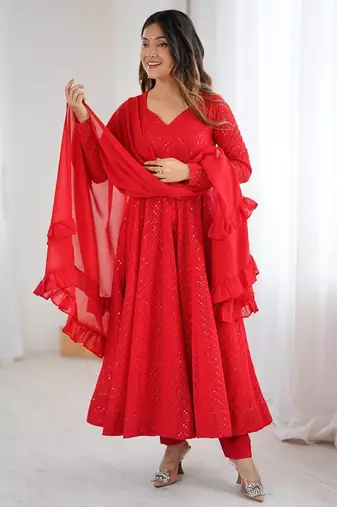 Red lucknowi sequince thread work faux georgette anarkali set