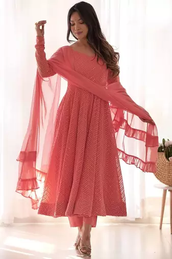 Peach color lucknowi sequince thread work faux georgette anarkali set