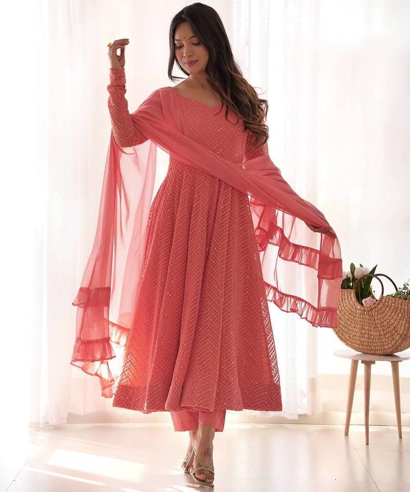 Peach color lucknowi sequince thread work faux georgette anarkali set