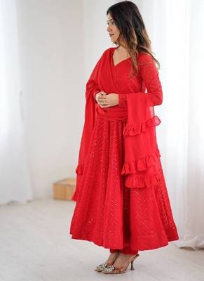 Red lucknowi sequince thread work faux georgette anarkali set 4
