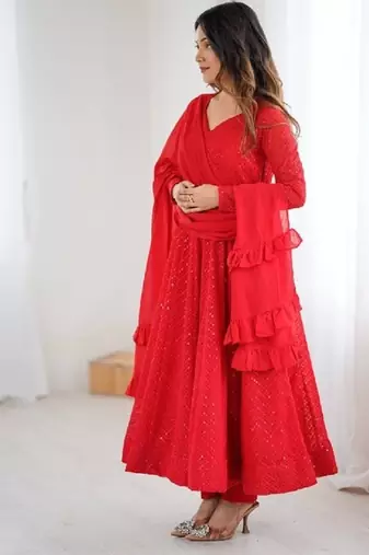 Red lucknowi sequince thread work faux georgette anarkali set