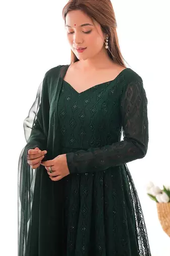 Green color lucknowi sequince work faux georgette anarkali set