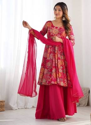 Pink color romansilk blend chanderi discharge print kediya style top plazzo dupatta 1