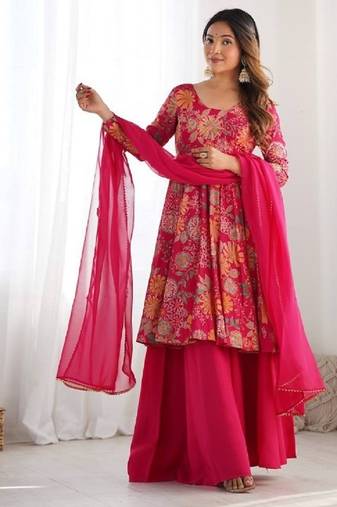 Pink color romansilk chanderi discharge print kediya style top plazzo dupatta.