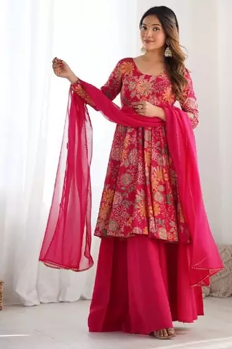 Pink color romansilk chanderi discharge print kediya style top plazzo dupatta.