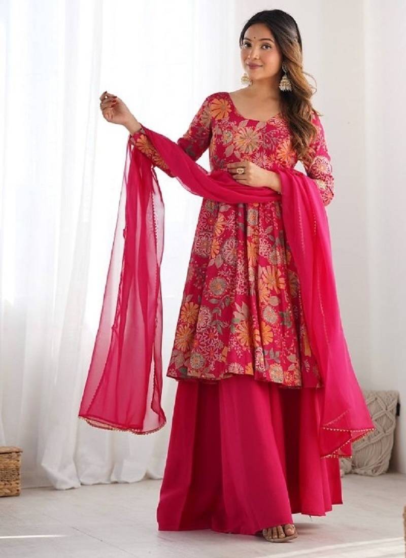 Pink color romansilk chanderi discharge print kediya style top plazzo dupatta.