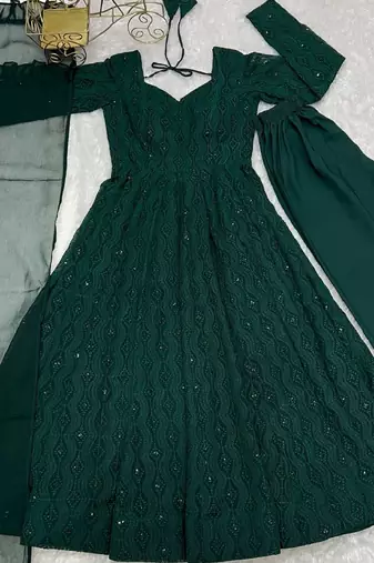 Green color lucknowi sequince work faux georgette anarkali set