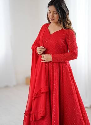 Red lucknowi sequince thread work faux georgette anarkali set 5