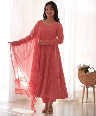 Peach color lucknowi sequince thread work faux georgette anarkali set 3