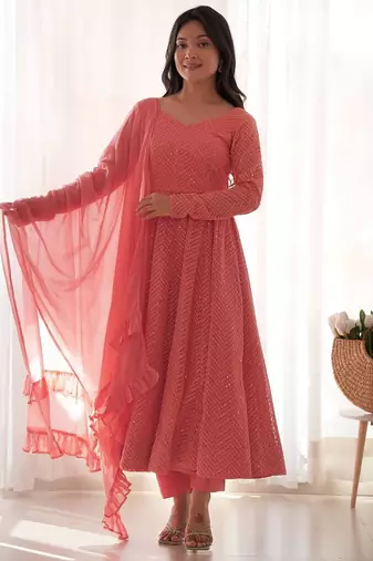 Peach color lucknowi sequince thread work faux georgette anarkali set