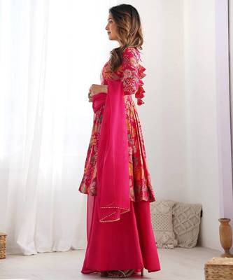 Pink color romansilk blend chanderi discharge print kediya style top plazzo dupatta 2
