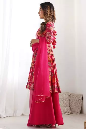 Pink color romansilk blend chanderi discharge print kediya style top plazzo dupatta.