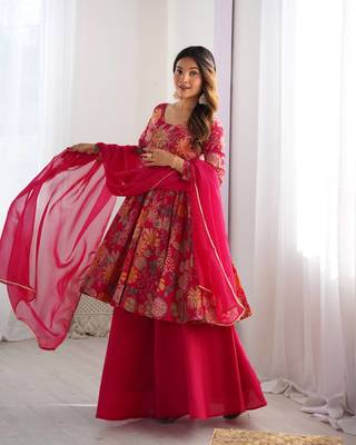 Pink color romansilk blend chanderi discharge print kediya style top plazzo dupatta 3
